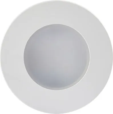A close-up, top-down view of a white LED recessed light fixture against a white background.
