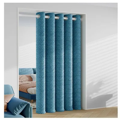 Zdjęcie produktu dla Zasłona termoizolacyjna do drzwi, niebieska, 180x230 cm, z przelotkami, zaciemniająca, wiatroodporna, zapewniająca ochronę przed zimnem