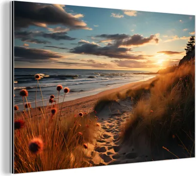 Produktbild von MuchoWow Wanddekoration Metall Metallbild Wandkunst 150x100 cm Strand - Sonnenuntergang - Dünen - Meer - Sand MuchoWow Aluminium Gemälde - Alu Dibond Bild