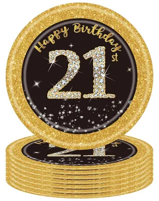 Productafbeelding van Papieren borden, 21e verjaardag, zwart en goud, 16 stuks, 17,8 cm, wegwerp, decoratie, feestservies