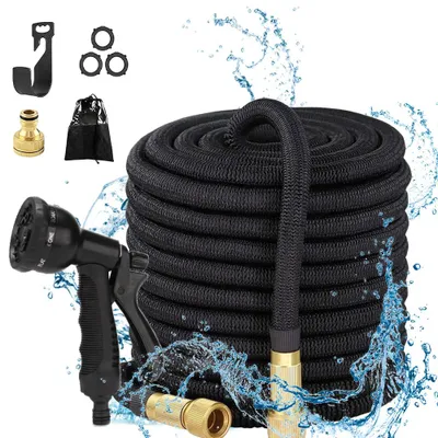 Image de Tuyau d'arrosage flexible de 15 m avec arroseur, tuyau d'arrosage flexible à triple âme en latex, avec adaptateur entièrement en laiton pour raccords 1/2" et 3/4", sac de rangement