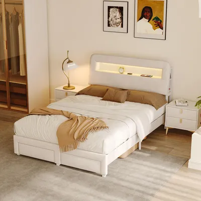 Produktbild von UnboxG Polsterbett 140x200cm mit Schublade, Stauraumbett Jugendbett mit Led, Hydraulisches Boxspringbett mit Kopfteil, Doppelbett Samt, Beige