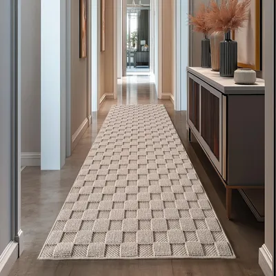 Image de Teppium Tapis Couloir 80x250 cm Beige Design à Carreaux Bouclé Boucles Style Scandinave Doux Résistant Facile à Nettoyer Tapis Moderne pour Entrée Couloir Chambre