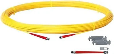 A coiled yellow cable with red connectors and some metal accessories on a white background.