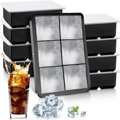 Image de Bac à glaçons en silicone avec couvercle - 8 pièces - 16 x 11 x 5 cm - Glaçons carrés avec 6 compartiments - Idéal pour les cocktails, le whisky, la conservation des aliments, les repas, le vin et les jus - Noir