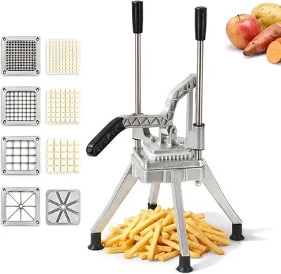 Produktbild von Pommesschneider, Kartoffelschneider Pommes Frites Schneider Kommerzieller Zerkleinerer mit 7mm, 9mm, 14mm und Spaltenmesser Edelstahl-Klingen für Süßkartoffeln Karotten Yamswurzeln und Gurken