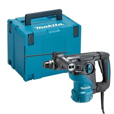 A teal Makita tool case and a teal and black Makita rotary hammer are displayed against a white background.