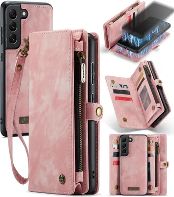 Produktbild von Schutzhülle für Samsung Galaxy S22 5G, Vintage Multifunktions Lederhülle, Kartenfächer, Reißverschluss Hülle Pink