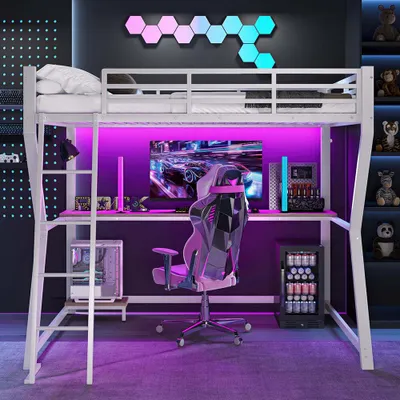 Zdjęcie produktu dla Łóżko loftowe Sweiko 90x200cm, oświetlenie otoczenia, półka na konsolę komputerową, biurko, gniazdko+USB, barierka, schody, bez materaca, biały