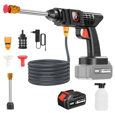 Obrázek produktu pro Akumulátorový vysokotlaký čistič - 21V pistole - tlak 50 bar - pěnová tryska - 1x baterie 12000 mAh - pro auto, kolo, zahradu