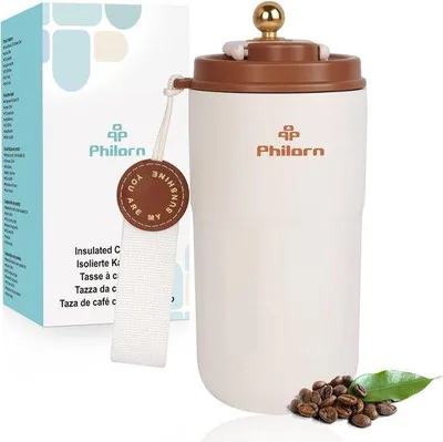 Produktbild von Famanu Thermobecher 420 ml - Kaffeebecher mit Deckel, auslaufsicher, aus 316 Edelstahl