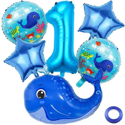7 Folienballons Wal-Motiv, Zahl 1, Ozean-Deko, Blau
