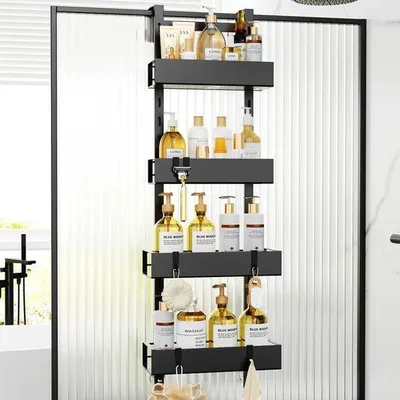 Immagine prodotto di Unyqoos® Mensola sospesa regolabile per doccia, adatta a porte doccia senza telaio, colore nero, con 4 ripiani, dimensioni 83,5 cm, capacità di carico fino a 15 libbre per ripiano, 6 ganci, ventose, resistente alla ruggine