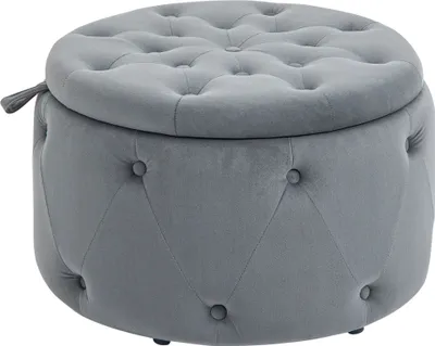 Image de HOMCOM Pouf avec espace de rangement, pouf rembourré boîte de rangement avec couvercle, ottomane ronde, coffre de siège avec aspect velours, boutons pour le salon, gris, Ø60 x 40 cm
