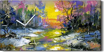 Produktbild von Wandbild Leinwand Bilder mit Uhr 60x30 Winter Landschaft mit dem Wald Fluss - weiße Hände