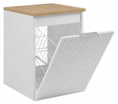 Image de Armoire de salle de bain suspendue avec panier à linge, blanche / plateau en chêne clair