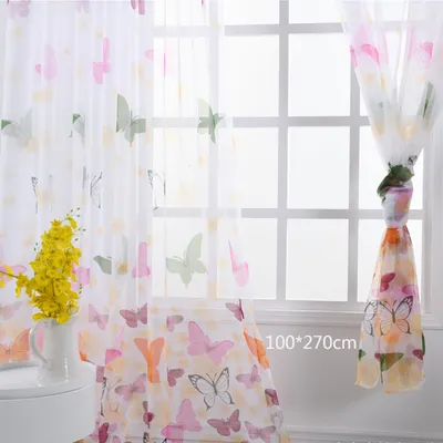 Zdjęcie produktu dla 2 sztuki zasłon z woalu z kwiatowym wzorem w motyle do sypialni i salonu, długość: 270 cm, szerokość: 100 cm