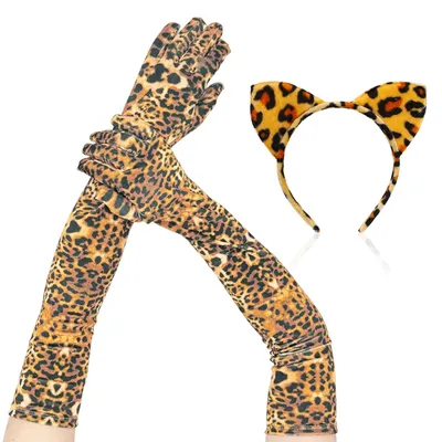 Obrázok produktu pre FDGGT: 1 pár rukavíc s leopardím vzorom, 1 čelenka s leopardím vzorom, veľkosť L