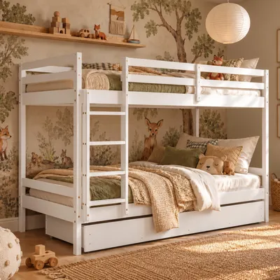 Produktbild von Homestyle4u Etagenbett 90x200 Kinder Hochbett mit Lattenrost mit Rausfallschutz Weiß mit Bettkasten mit Stauraum