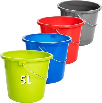 Produktbild von Haushaltseimer 5 L, 4er Set mit Messskala, Putzeimer aus Kunststoff, Grün Blau Rot Grau, Stabiler Metallgriff, lebensmittelecht,  EU