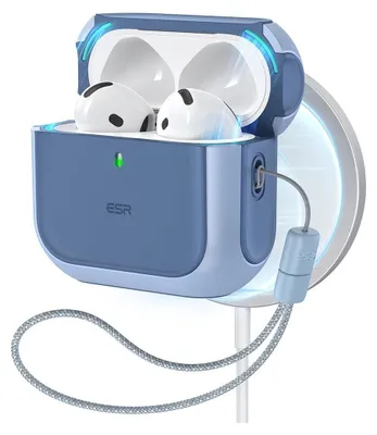 A blue ESR MagSafe charging case for Apple AirPods Pro with the earbuds inside, attached to a white MagSafe charger.