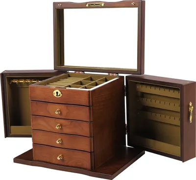 Image de 5 couches Boîte à bijoux en bois Coffret à bijoux avec miroir Bijoux VerrouillableBoîte de rangement pour bijoux Bague Collier