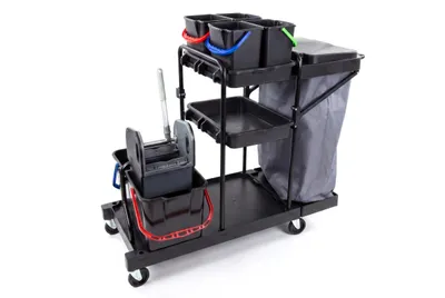 Produktbild von Hypafol Service Reinigungswagen | Profi Putzwagen | Abfallsackhalter | Mopp-Presse | Zubehörablagen | Schwarz | Reinigungssystem