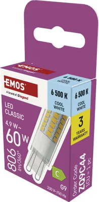 LED žárovka Classic JC / G9 / 4,9 W (60 W) / 806 lm / Studená bílá