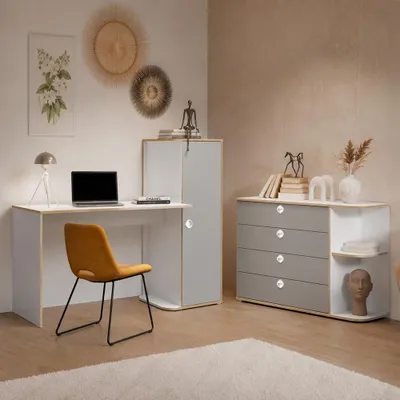 Produktbild von Jugendzimmer Schreibtisch und Kommode in Grau mit Weiß, 2-teilig - POZZALLO-166, KI-generiertes Bild