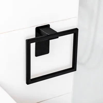Produktbild von ELMOWO - Edelstahl Handtuchring ohne Bohren in schwarz - Handtuchhalter selbstklebend in eckig - Bad Handtuch Ring zur Wandbefestigung / Wandmontage