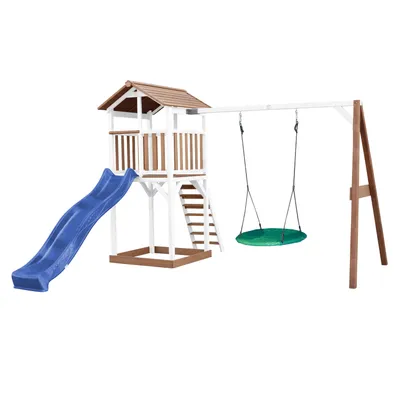 Produktbild von AXI Beach Tower Spielturm aus Holz in Braun & Weiß | Spielhaus für Kinder mit blauer Rutsche, Nestschaukel und Sandkasten | Stelzenhaus für den Garten