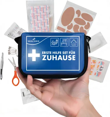 Produktbild von WALSER Premium Mini Erste-Hilfe-Set für Zuhause, wasserfeste Verbandstasche 2026, handliches Notfall-Set mit 107 Teilen, kompaktes First Aid Kit, Reiseapotheke Set, Mini Verbandskasten blau