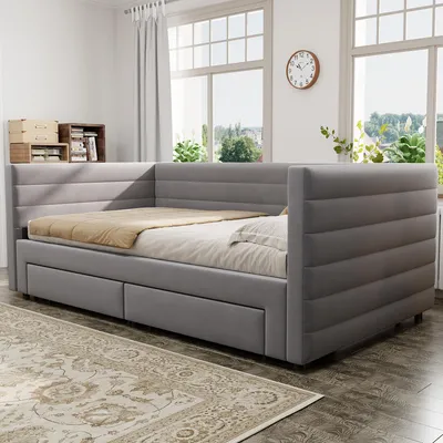 Image de okwish Canapé-lit avec coffre 90 x 190 cm, lit 3-en-1 avec sommier et coussins confortables, lit multifonction en bois – gris (sans matelas)