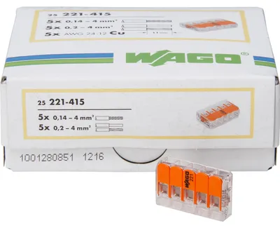 Produktbild von WAGO 221-415 COMPACT-Verbindungsdosenklemme mit Hebel max. 4mm²  5 Leiter 25St.