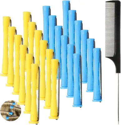 Produktbild von Set mit 24 kleinen Dauerwellenwicklern für kleine Locken, 0.35/0.27 Zoll, mit Stahlspitzenkamm für lange und kurze Haare, Blau/Gelb