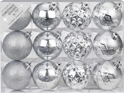 Produktbild von Weihnachtskugeln Kunststoff mit Muster Mix 6cm silber, 12er Set