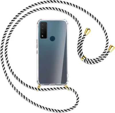 Produktbild von Handykette Backcover-Schutzhülle mit Band (Metall goldfarben) für TCL 20 R 5G - schwarz/weiß gestreift