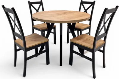 Produktbild von Runder ausziehbarer Esstisch Giuseppe Ø100 (150/200 cm) + 4 Stühle Sofia – elegantes Esszimmer-Set, Holz, Eiche Craft Gold