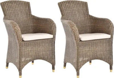 Zdjęcie produktu dla KRINES HOME Zestaw 2 rattanowych foteli do jadalni Krzesło do jadalni z podłokietnikiem Rattanowy fotel Wiklinowy fotel do jadalni (oliwkowy)