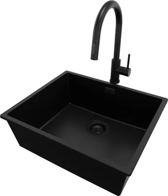 Produktbild von PRIMAGRAN Unterbauspüle Granit Alles Schwarz 56x47cm, Spülbecken 1 Becken + Küchenarmatur 40x20cm + Ablauf-Set, Granitspüle ab 60er Unterschrank - London
