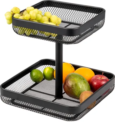 Immagine prodotto di eluno: vassoio portafrutta, cestino portapane angolare a due ripiani, cesto portafrutta, 25 x 25 cm e 30 x 30 cm, in metallo nero