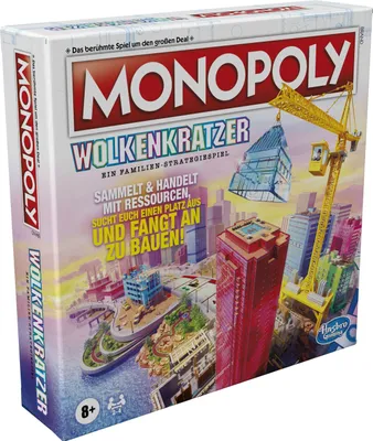 The image shows the front of a Monopoly Wolkenkratzer board game box, featuring a cityscape with a crane building a skyscraper.