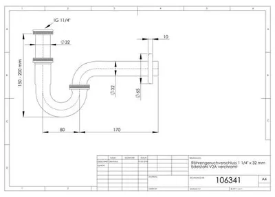 Produktbild von Röhrengeruchverschluss 1 1/4" x 32 mm Edelstahl V2A, ASW Nr. 106341 verchromt