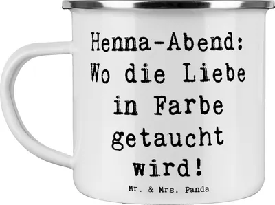 Produktbild von Mr. & Mrs. Panda Pott Spruch Henna-Abend Farbenliebe - Weiß - Geschenk, Glück, Heiraten, Heirat, Emaille Tasse, Freunde, kunstvolle Muster, Geschenke, Kaffeepott, Haferl