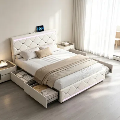 Zdjęcie produktu dla Łóżko tapicerowane INONEFT, 140x200 cm, z portem USB i oświetleniem LED, łóżko młodzieżowe/podwójne z 4 szufladami, łóżko podwójne z pojemnikiem na pościel i stelażem, obite welurem, kolor beżowy