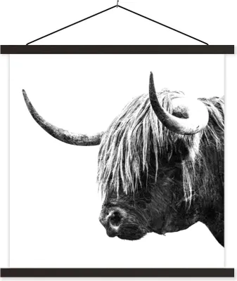 Produktbild von MuchoWow® Textilposter Schottisches Hochlandrind - Horn - Schwarz - Weiß 40x40 cm mit schwarzem Rahmen - Fotos