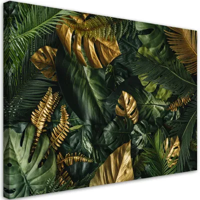 Produktbild von Leinwandbild Goldene tropische Blätter 120x80 Feeby Grün bild für die wand bereit zum aufhängen