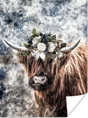Produktbild von MuchoWow® Poster Schottischer Highlander - Rauch - Blumen 60x80 cm - Schlafzimmer Dekoration