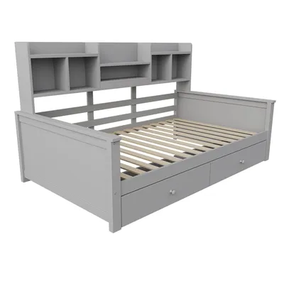 Produktbild von okwish Schlafsofa 90x200 cm Kinderbett mit Schubladen und Regale,Einzelbett  mit offenen Staufächern,Lattenrost,Grau(ohne Matratze)