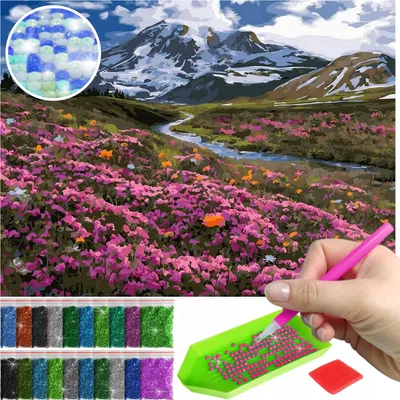 Produktbild von ARTULIO - Diamond Painting Set - Berglandschaft mit Fluss und Blumen - 40 x 30 cm - AB Diamant - Crystal Art, Home Wand Deko, Komplettset Mosaik + Zubehör